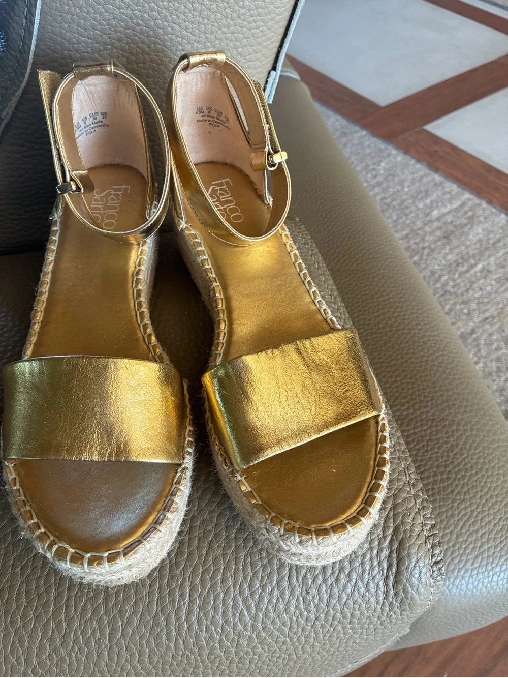 Franco Sarto Metallic Gold Espadrille Wedge Sandals with Ankle Strap